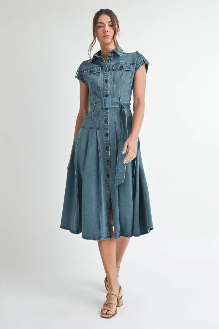 Dana Button Up Belted Denim Midi Dress