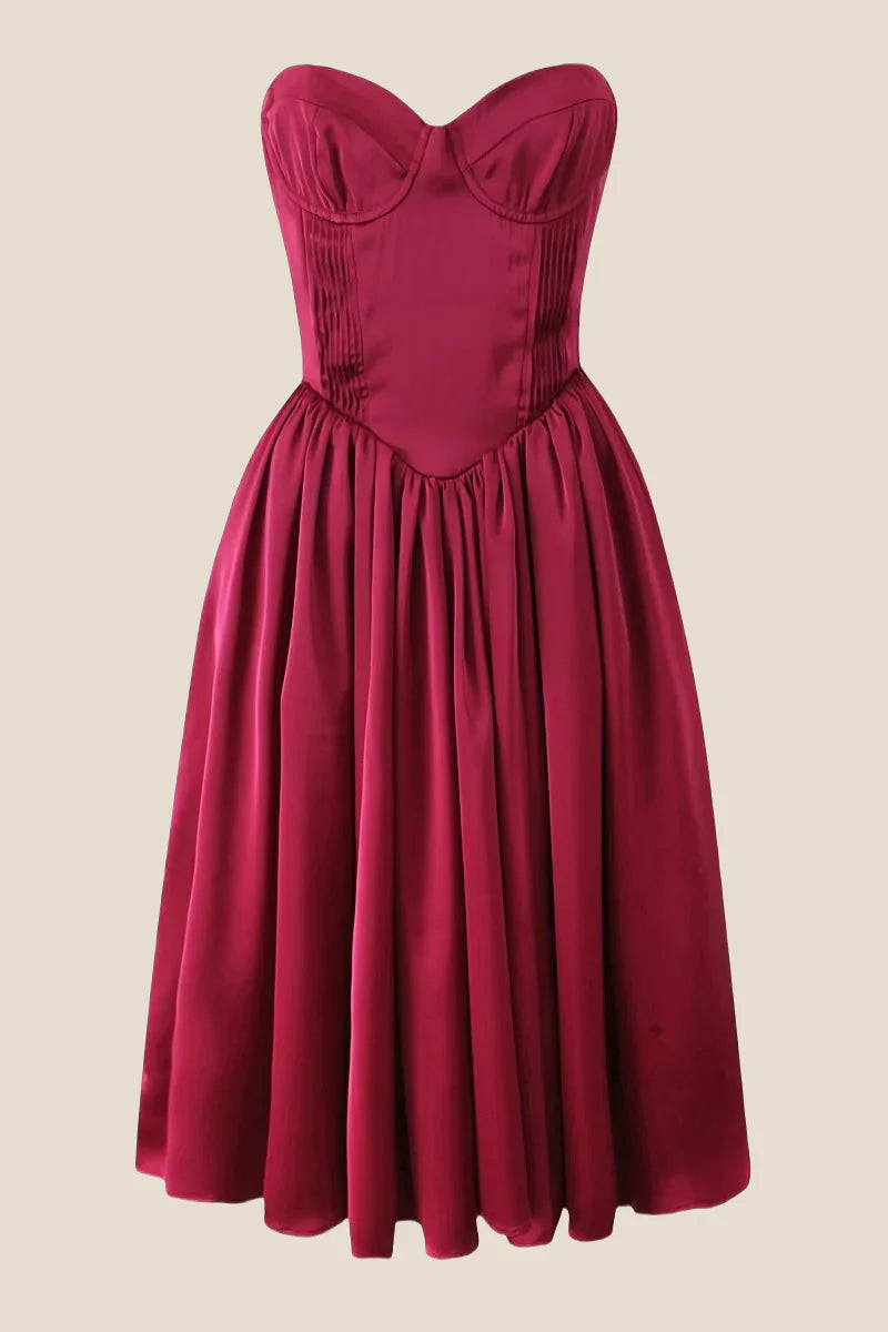 Strapless Burgundy Pleated A-line Midi Dress