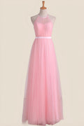 Halter Pink Pleated Tulle A-line Long Party Dress