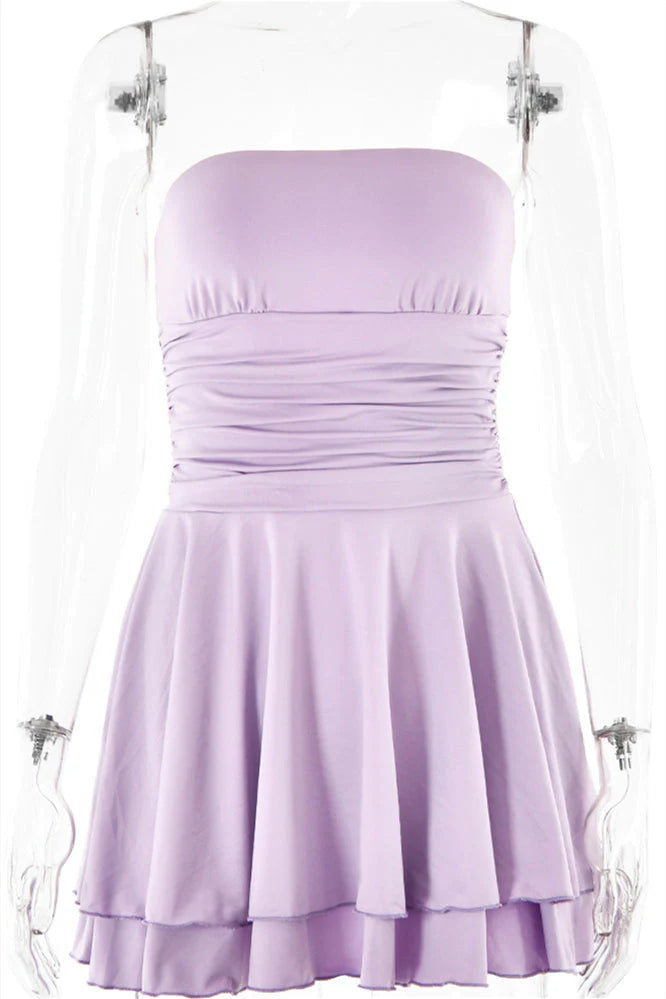 Strapless Pink Ruffle Ruched Short Dress