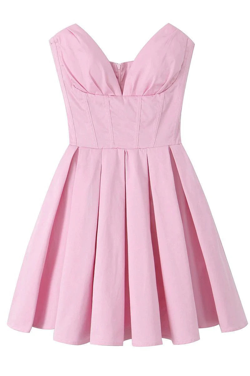 V-neck Pink Pleated Short Party Dress