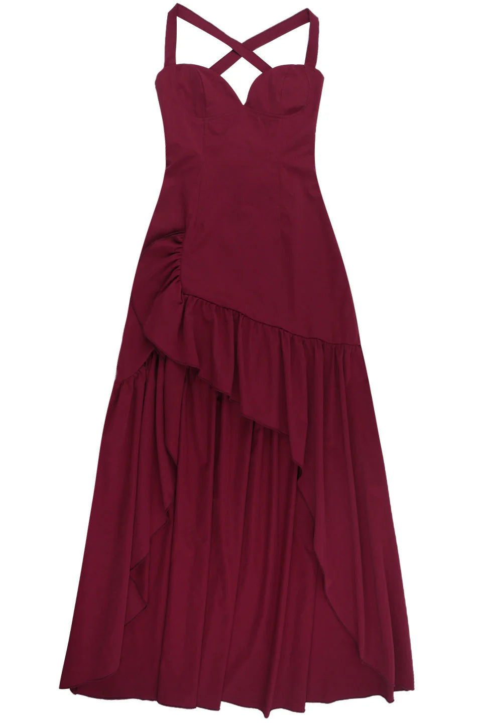 V-neck Wine Red Ruffle Long Party Dress