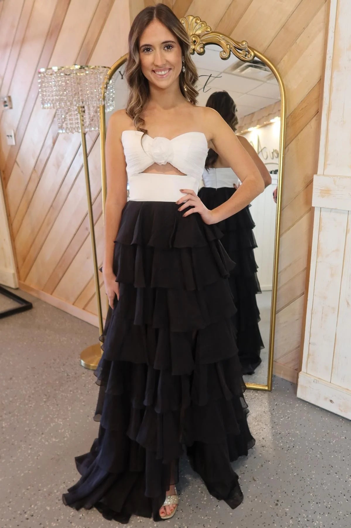 Strapless Hot Pink Rosette Tiered Long Dress