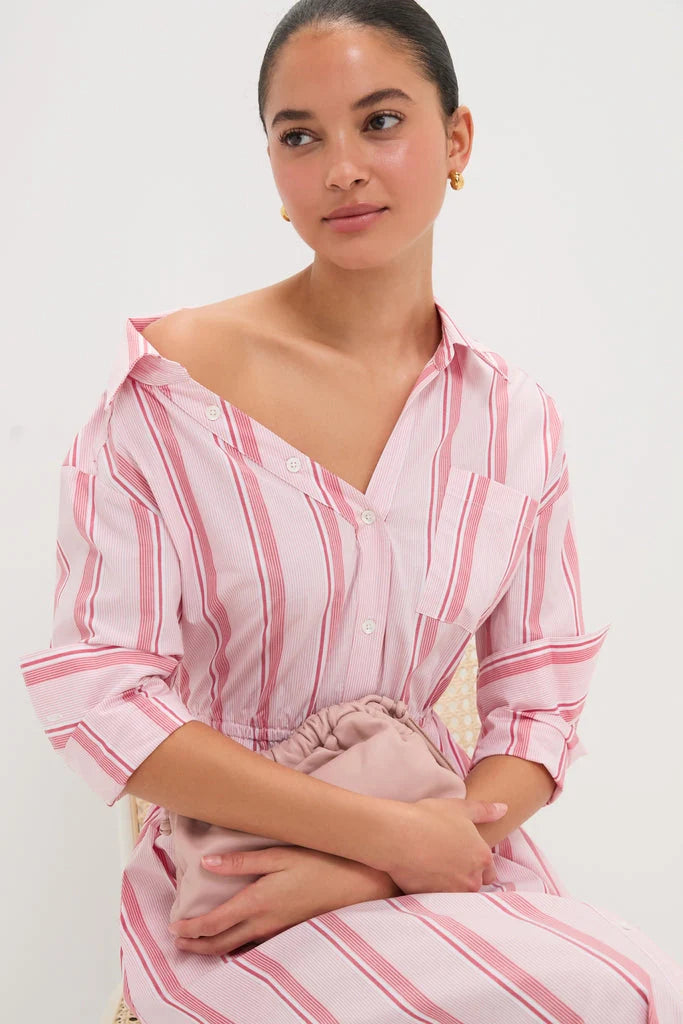 Red Stripe Falling Off the Shoulder Midi Dress