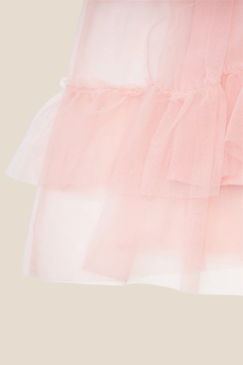 V-neck Pink Ruffle Tiered A-line Long Dress