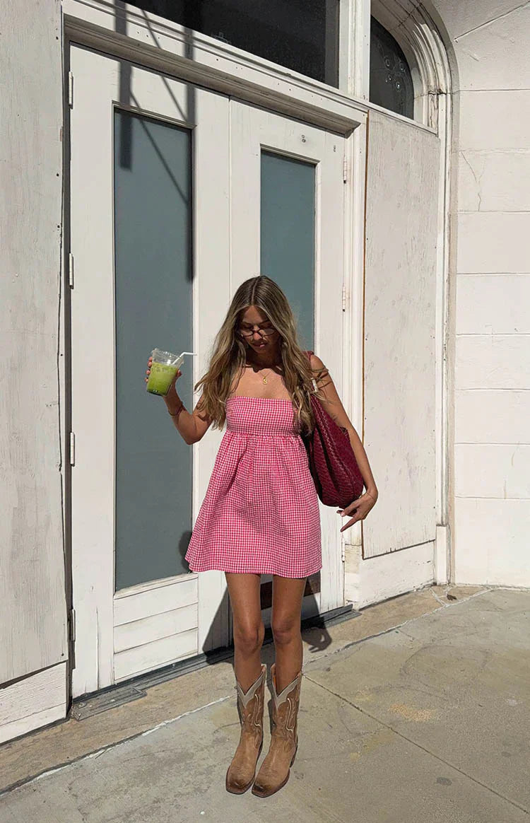 Berrie Red Gingham Strapless Mini Dress