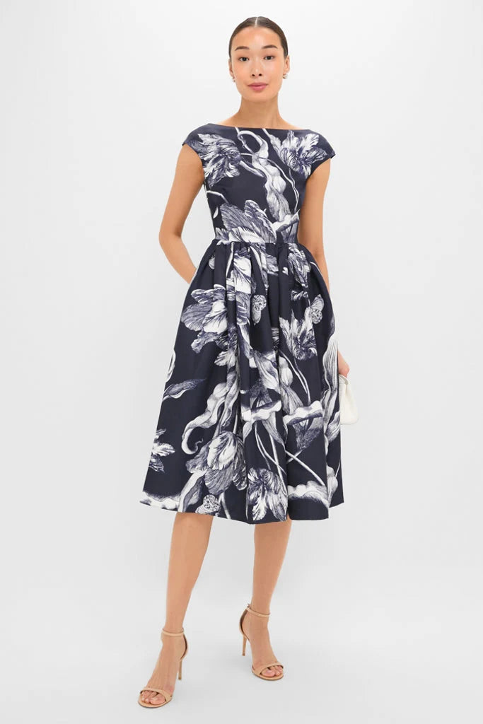 Botanical Engraving Midnight Boat Neck Midi Dress
