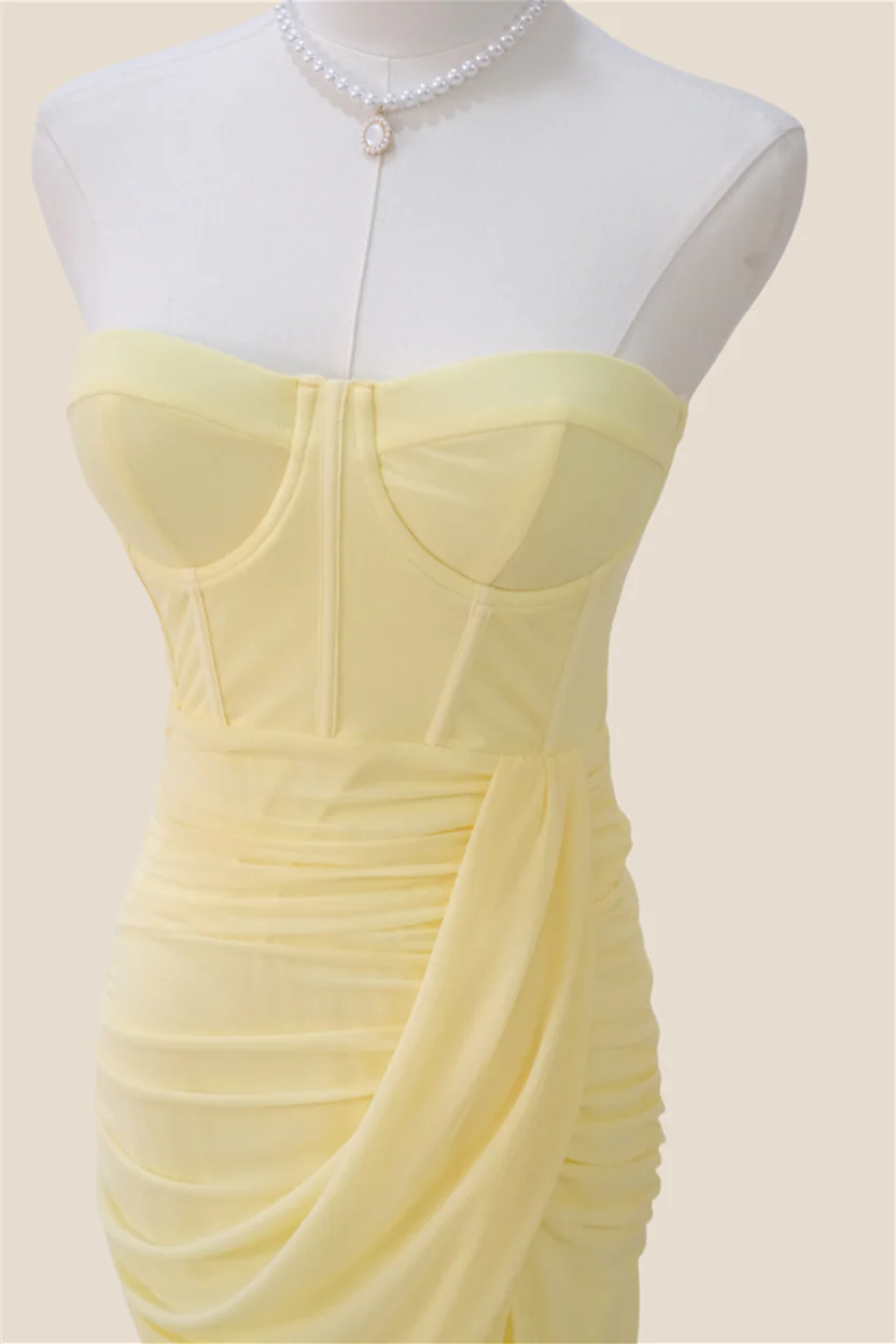 Strapless Light Yellow Ruched Long Dress with Slit