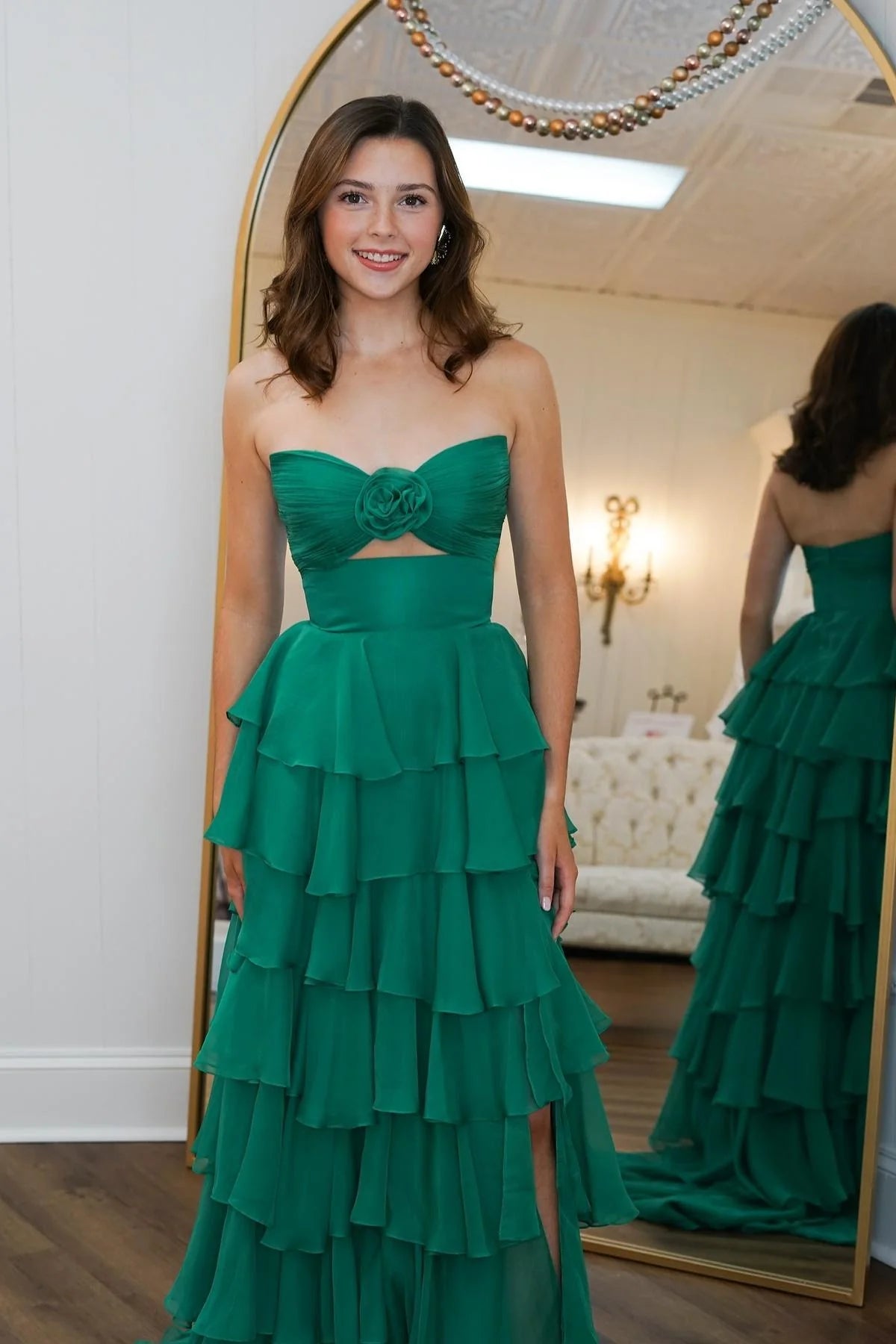 Strapless Hot Pink Rosette Tiered Long Dress