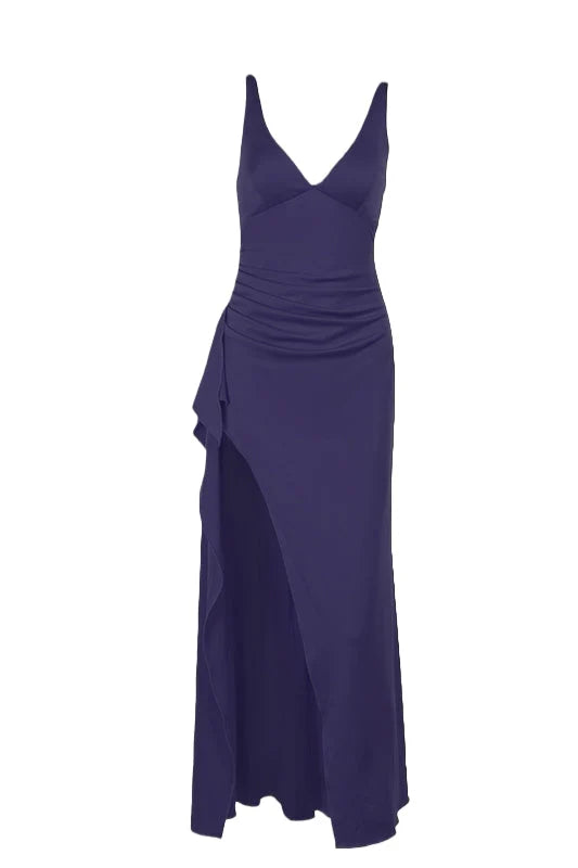V Neck Red Fitted Frill Long Party Dress