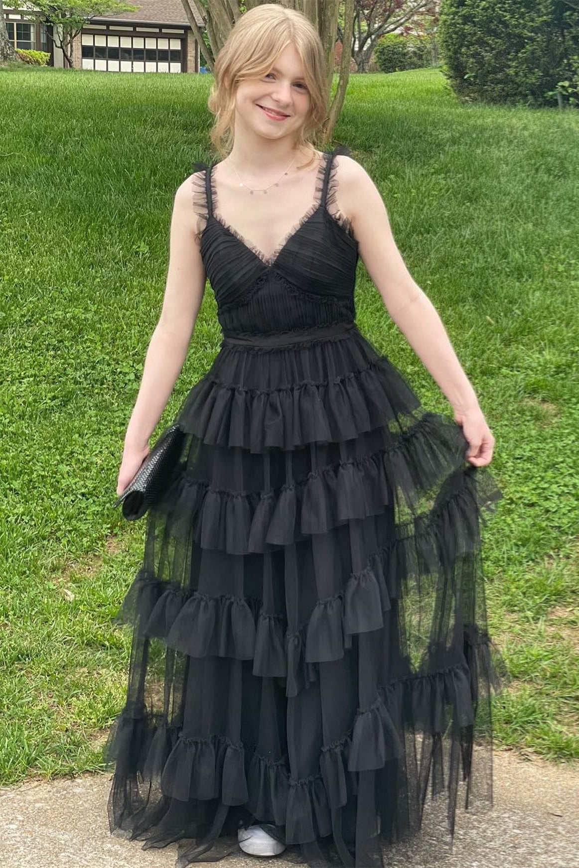 V-neck Blue Ruffle Tiered A-line Long Dress
