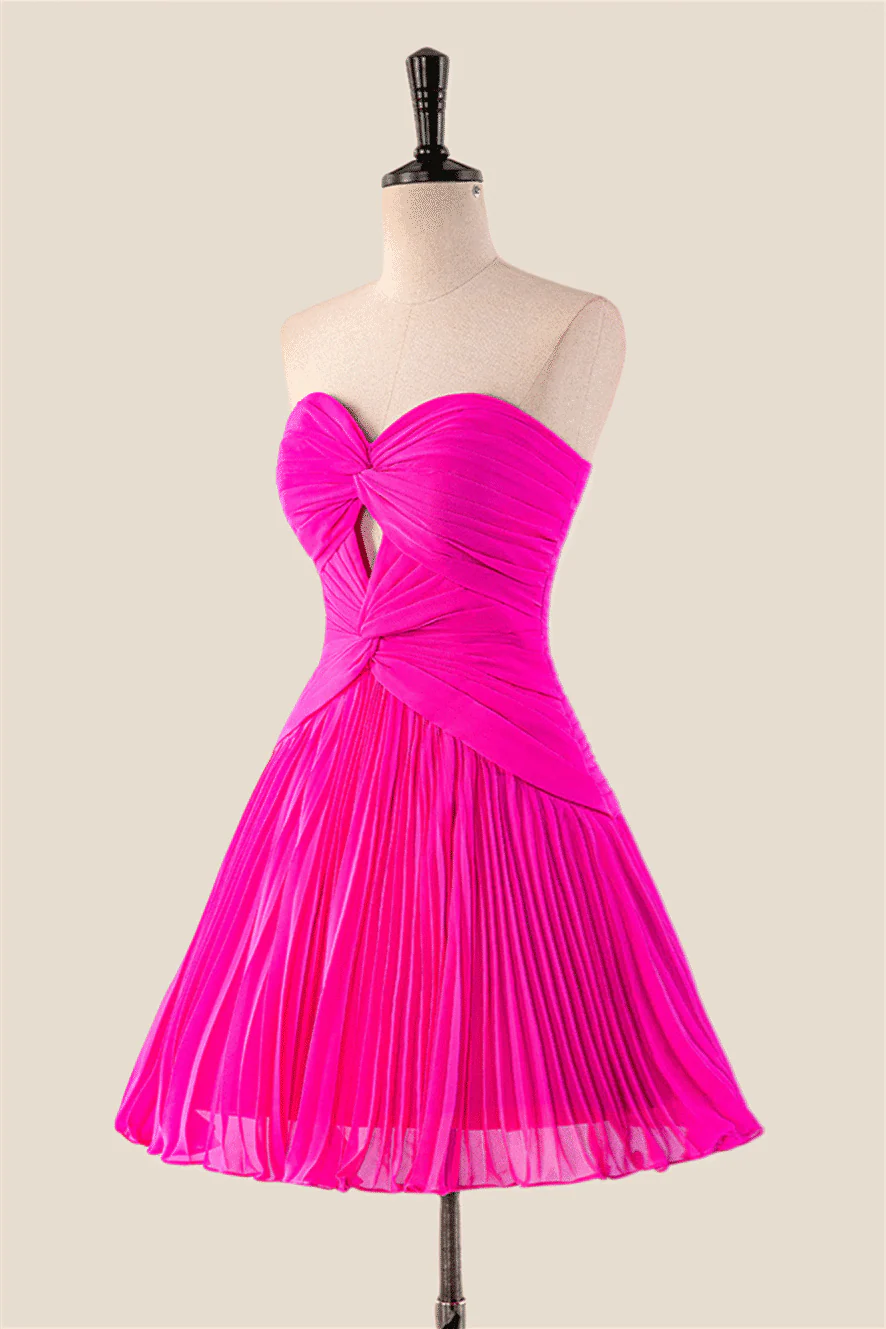Strapless Hot Pink Pleated A-line Short Dress