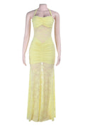 Halter Yellow Lace Sheer Fitted Long Dress