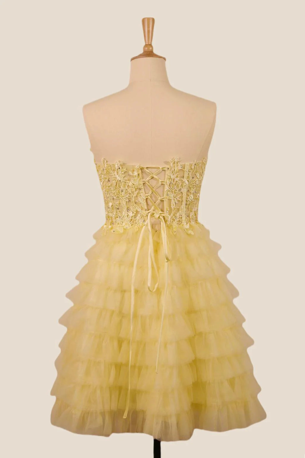 Strapless Yellow Appliques Tiered Short Dress