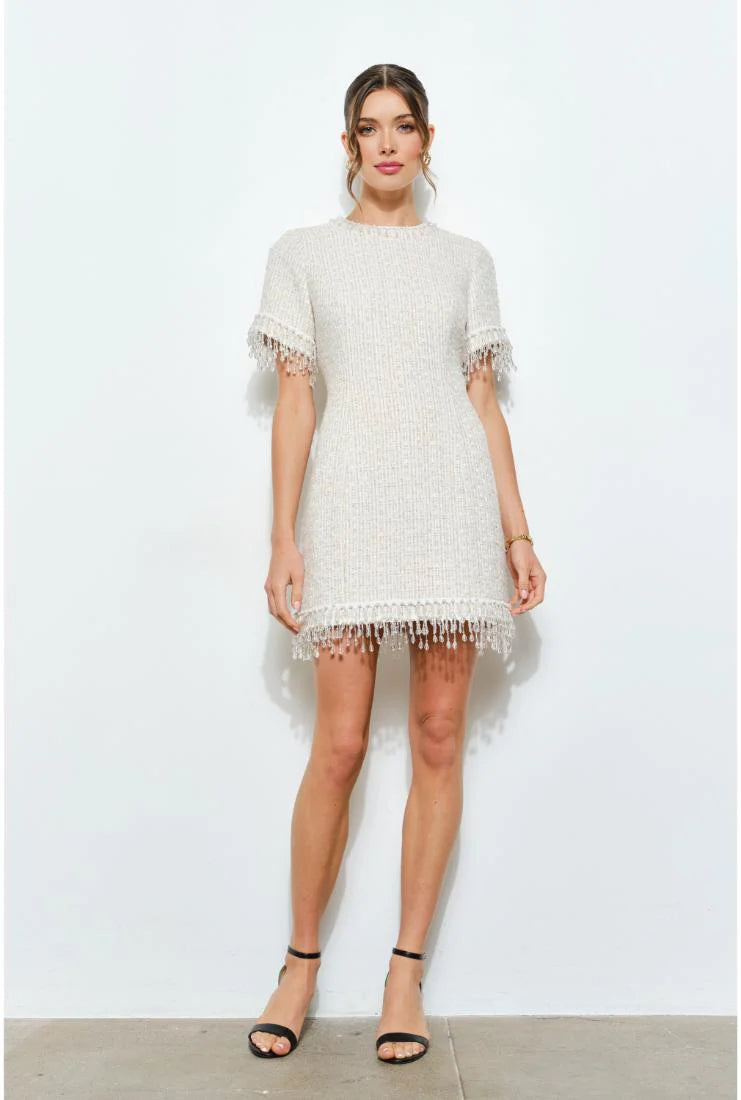 Iris Beaded Fringe Tweed Mini Dress - Ivory
