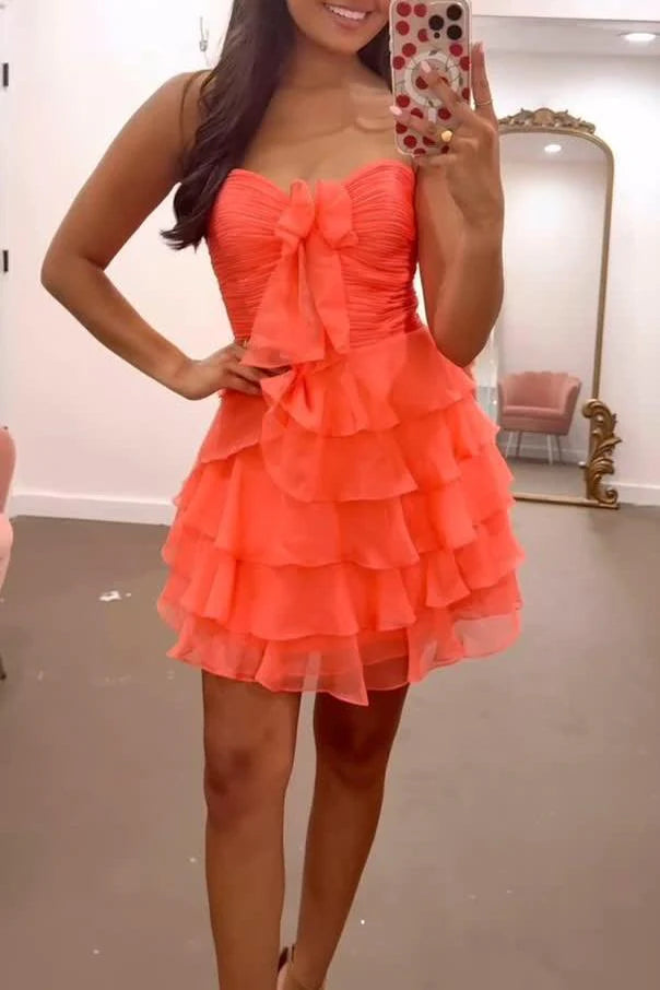 Strapless Red Chiffon Bow Ruffle Short Dress