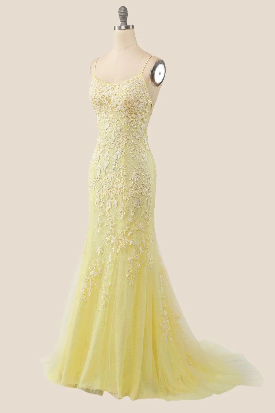 Yellow Mermaid Lace Appliques Long Formal Dress