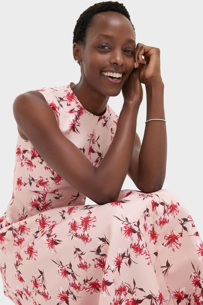 Red Summer Lillies on Pink Mara Midi Dress