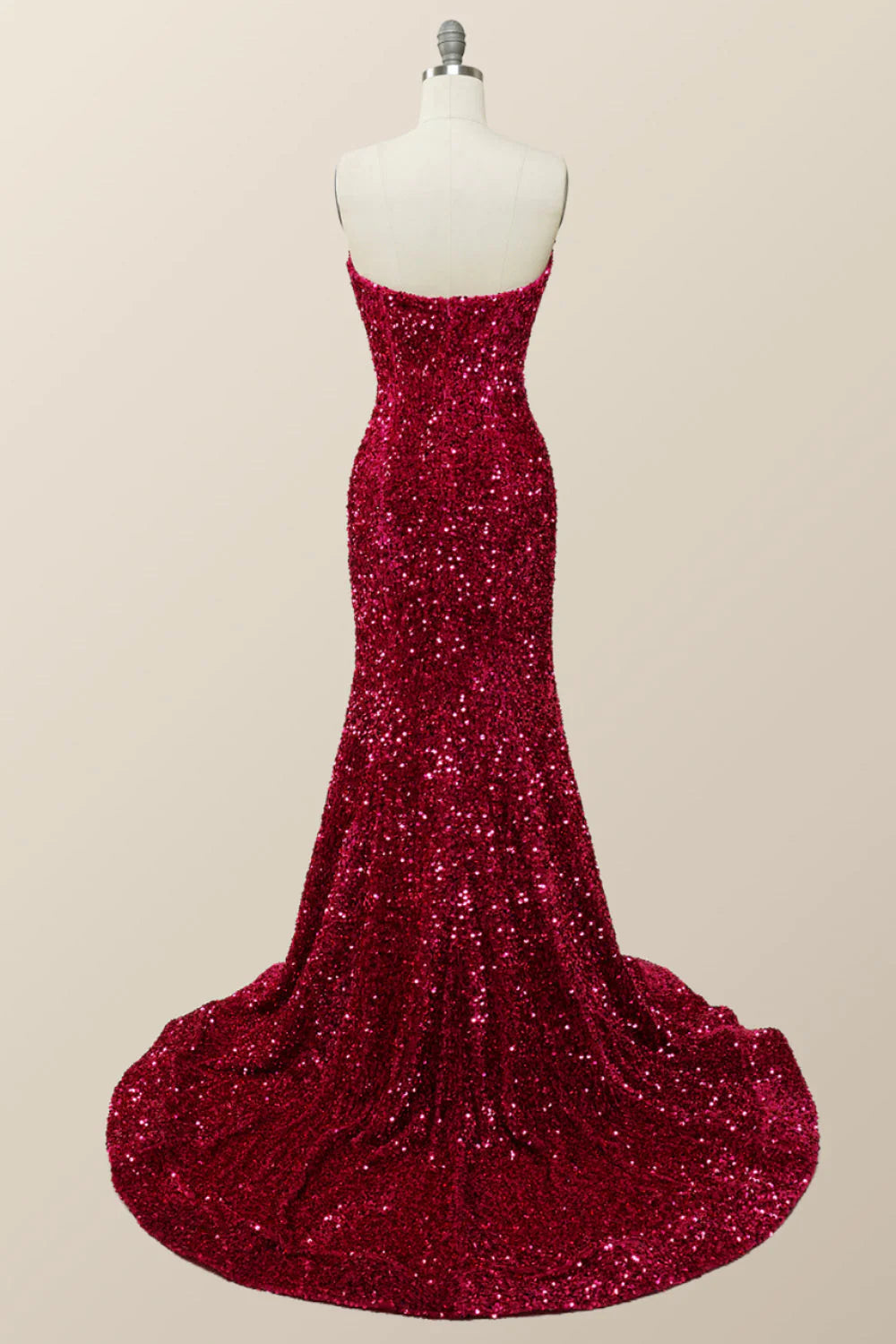Strapless V Neck Fuchsia Sequin Mermaid Party Dress