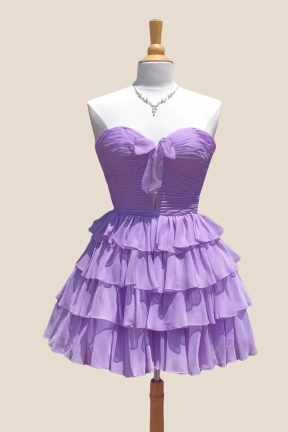 Strapless Red Chiffon Bow Ruffle Short Dress