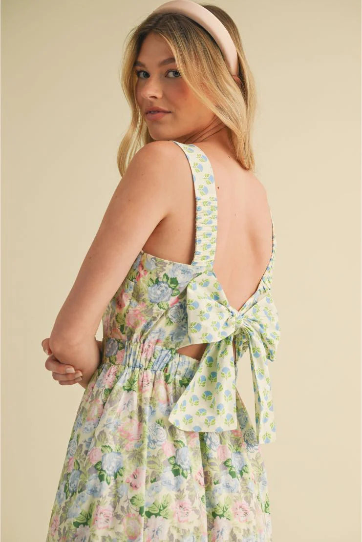 Emma Mae Mixed Floral Prints Back Bow Midi Dress