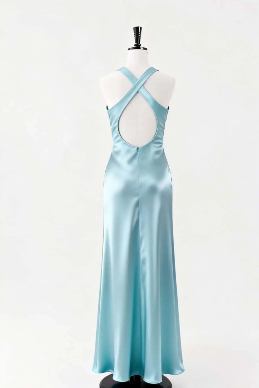 V Neck Light Blue Satin Long Dress