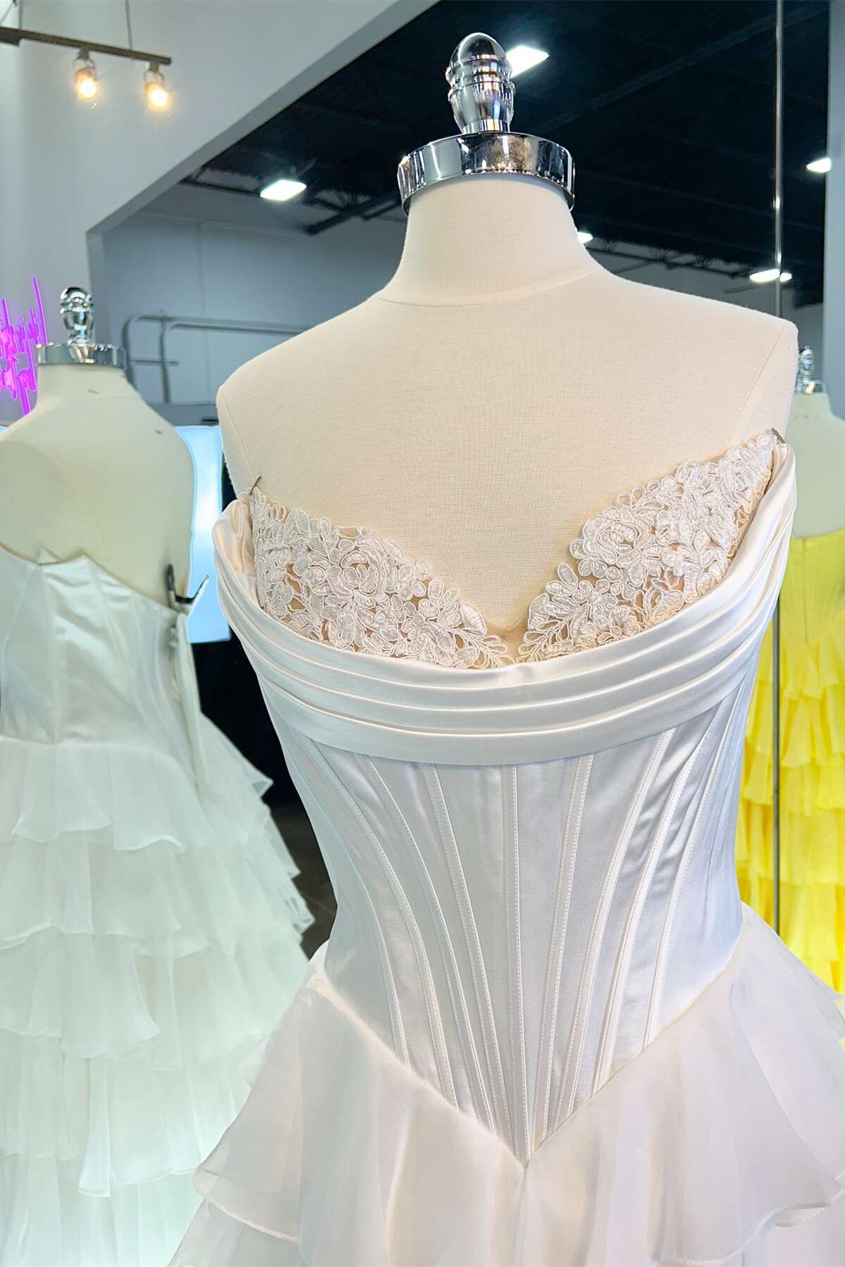 Strapless Yellow Tiered Chiffon Long Dress with Slit
