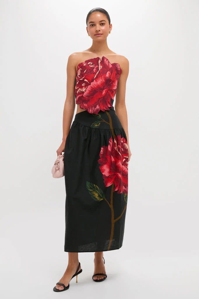 Rosalia Placed Black Artisanal Strapless Midi Dress