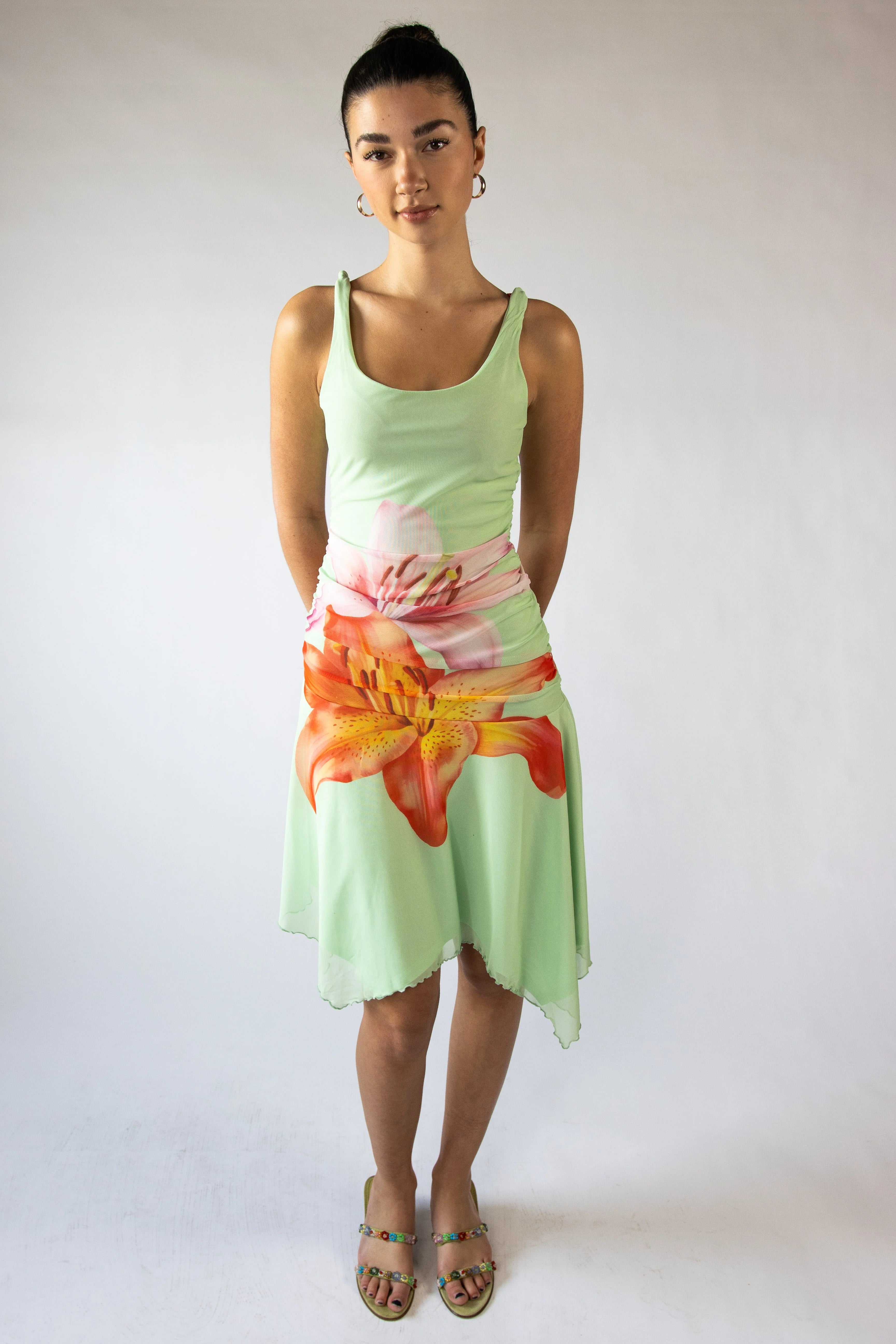 Flower Mesh Hanky Hem Midi Dress
