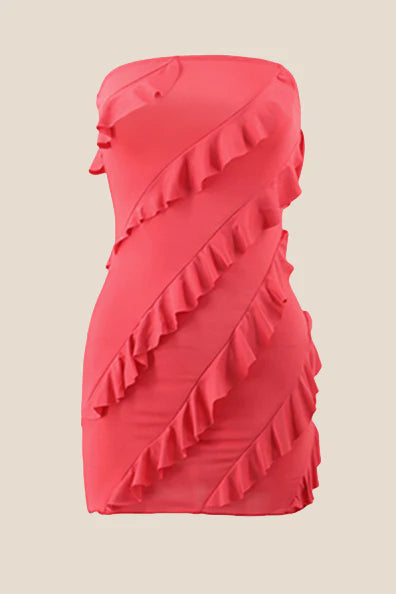 Strapless Pink Ruffled Bodycon Short Dress