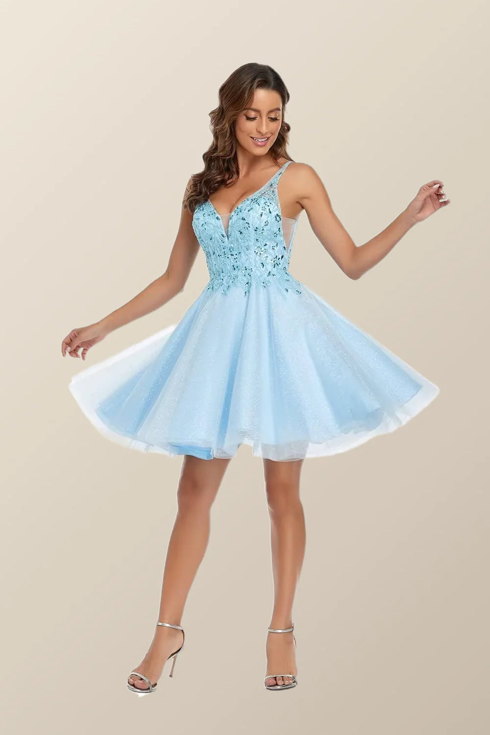 V Neck Blue Appliques Tulle A-line Short Dress