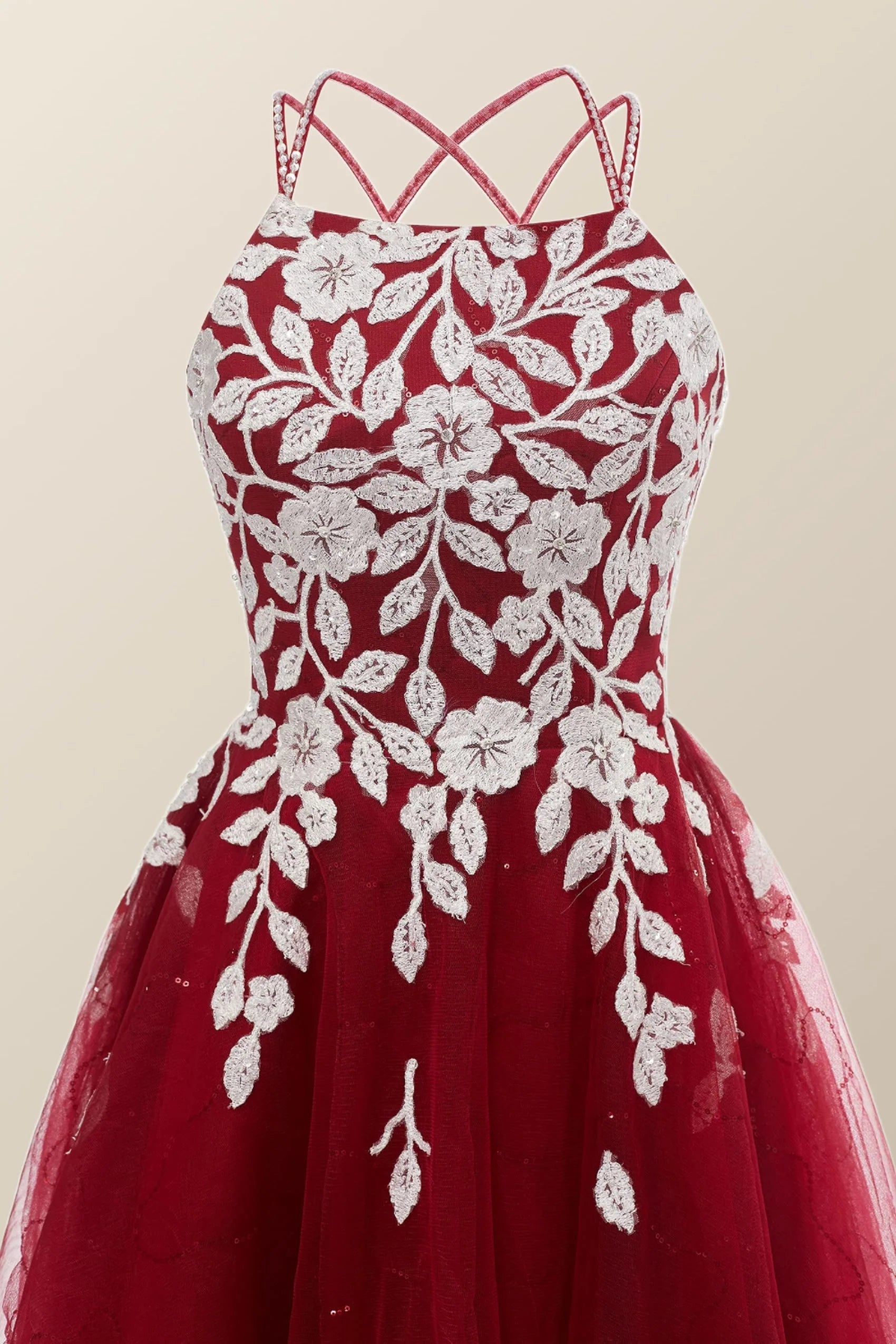 Wine Red Tulle and White Appliques A-line Dress