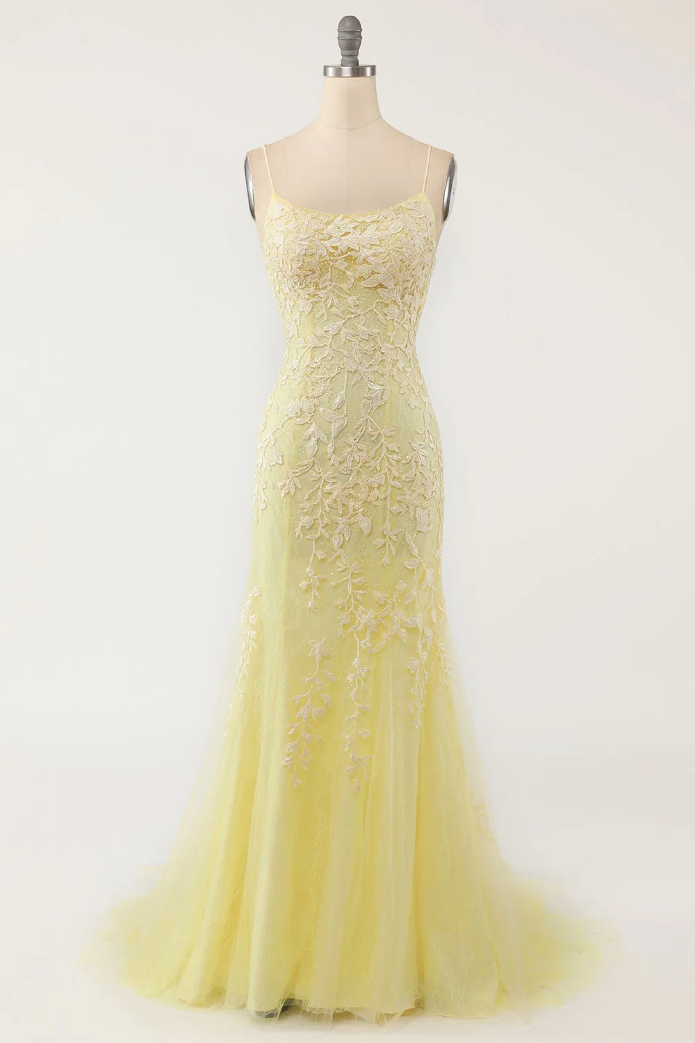 Yellow Mermaid Lace Appliques Long Formal Dress