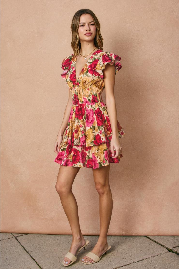 Lolita Ruffled Floral Mini Dress - Fuchsia