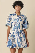 Bonnie Florals Collared Button Up Puff Sleeve Mini Dress - Royal Blue