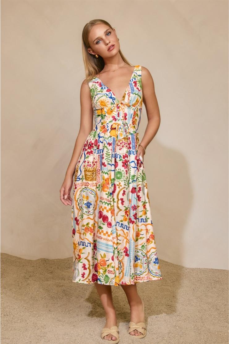 Santorini Plunging Corset Bodice Midi Dress