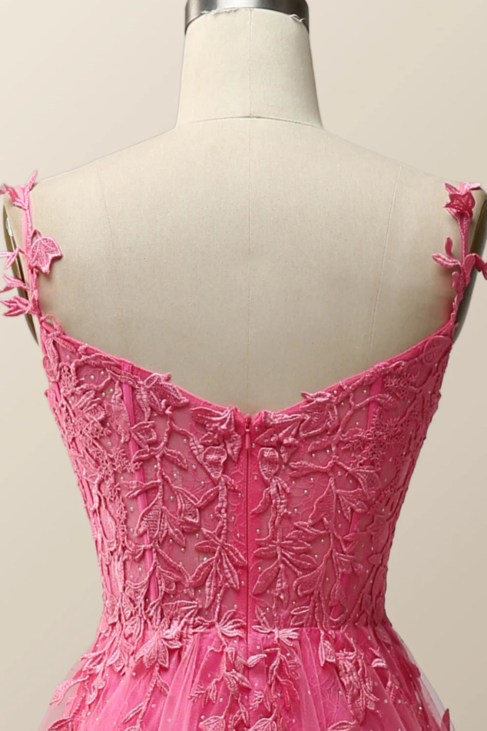 Hot Pink Lace Appliques A-line Long Formal Gown