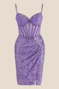 V-neck Lilac Sheer Bodice Sequin Short Dress
