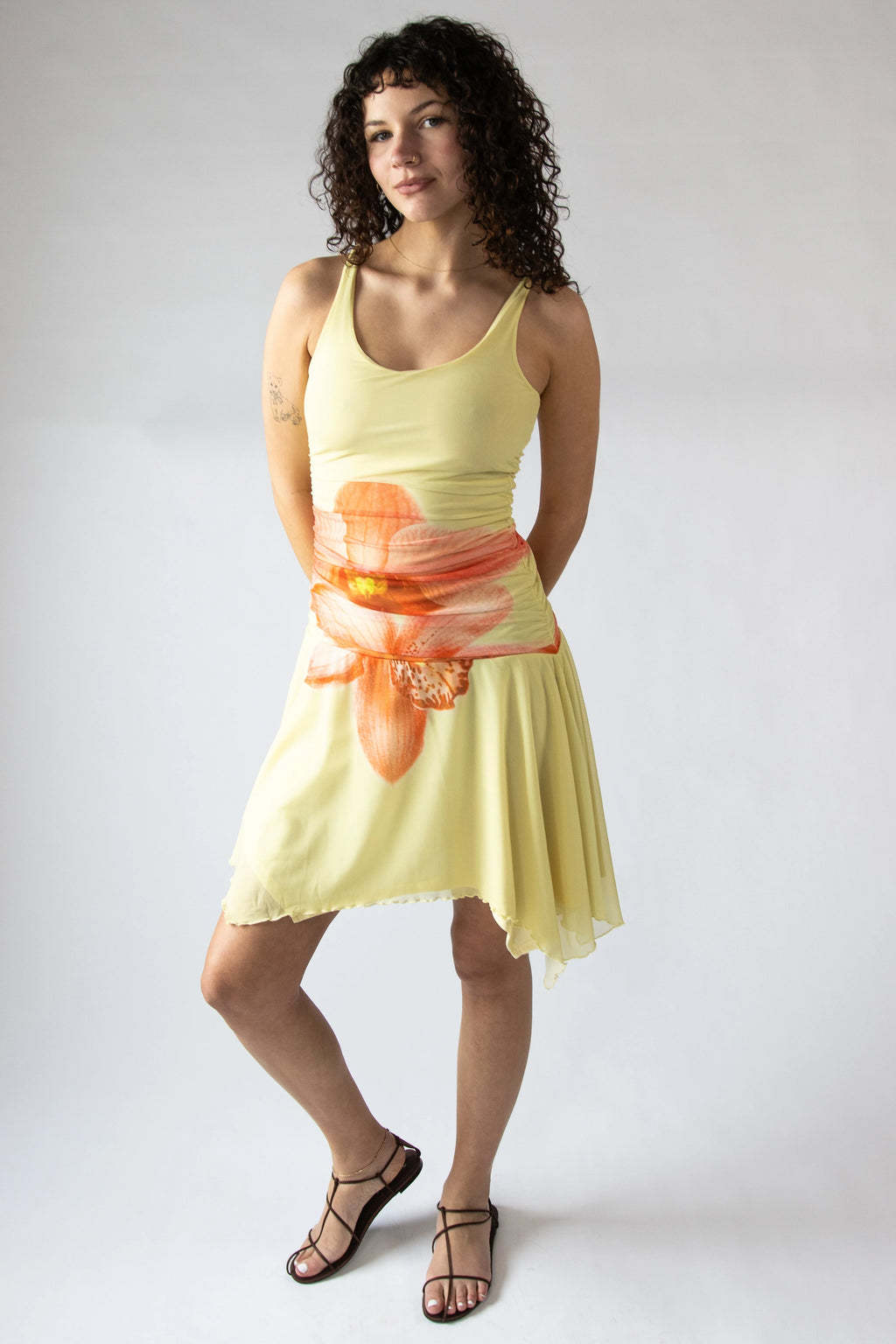 Flower Mesh Hanky Hem Midi Dress