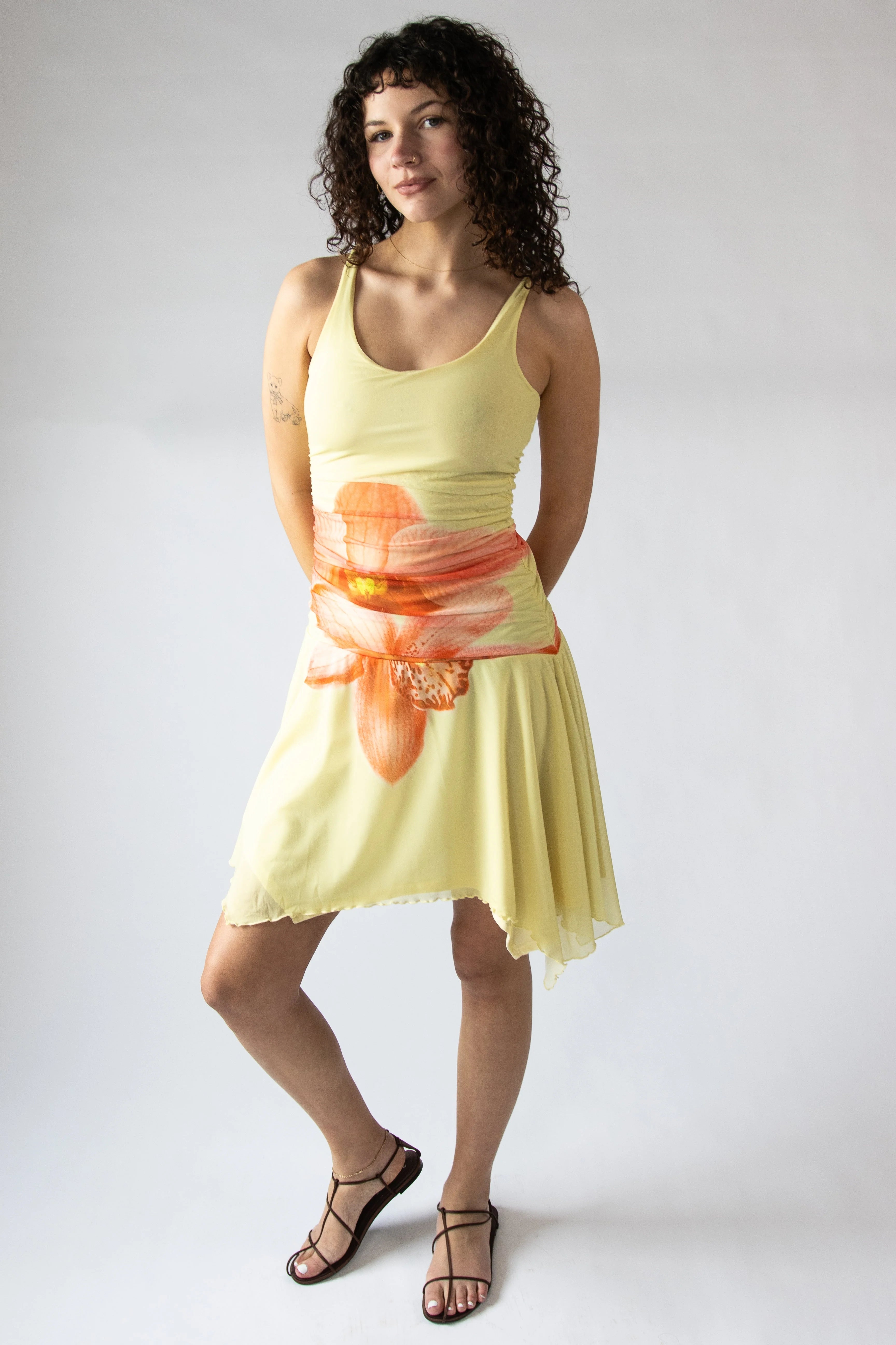 Flower Mesh Hanky Hem Midi Dress
