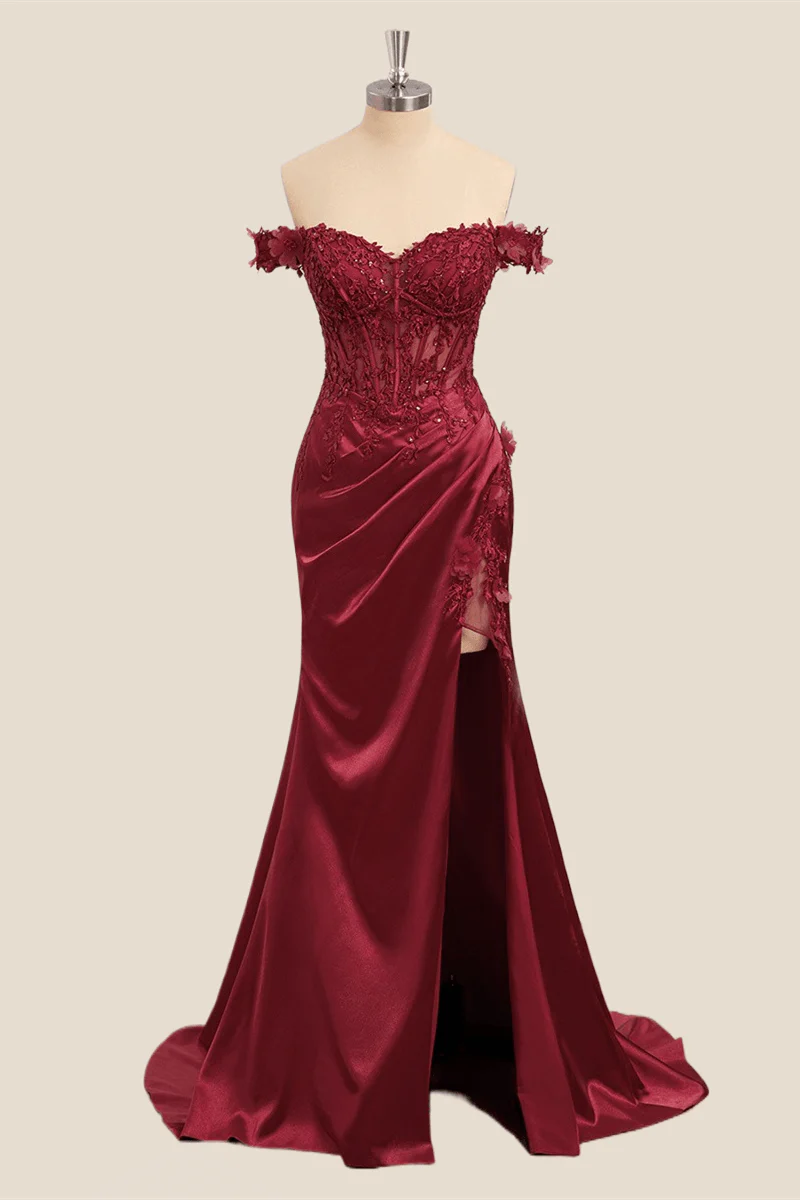 Lace Off the Shoulder Black Satin Mermaid Dress