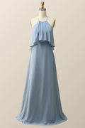Halter Misty Blue Ruffle Chiffon Long Bridesmaid Dress