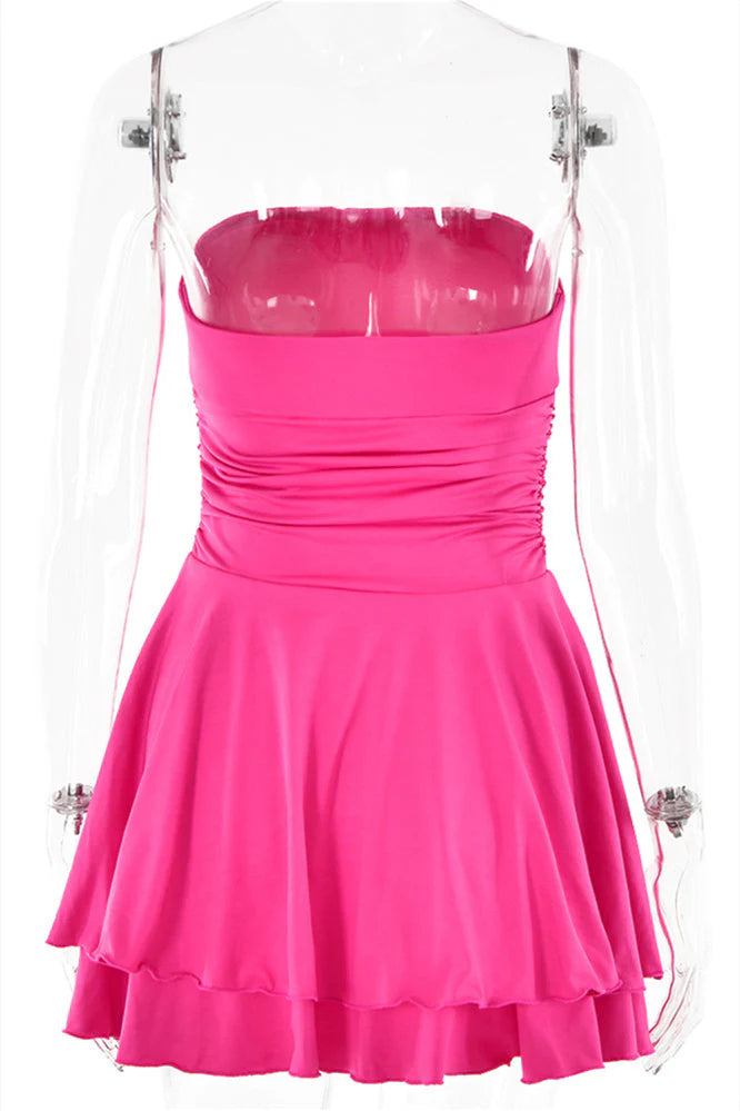 Strapless Pink Ruffle Ruched Short Dress