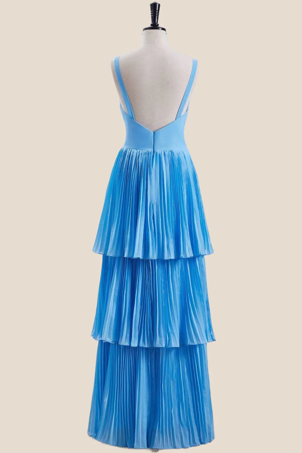 V Neck Blue Empire Tiered Long Bridesmaid Dress