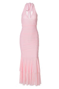 Halter Pink Ruched Tiered Long Dress