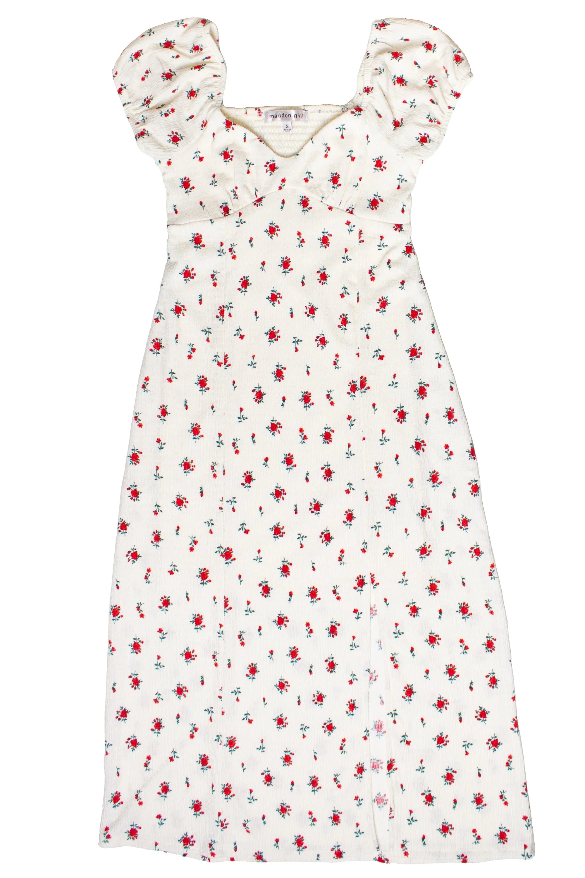 Rose Print Empire Waist Puff Sleeve Dress