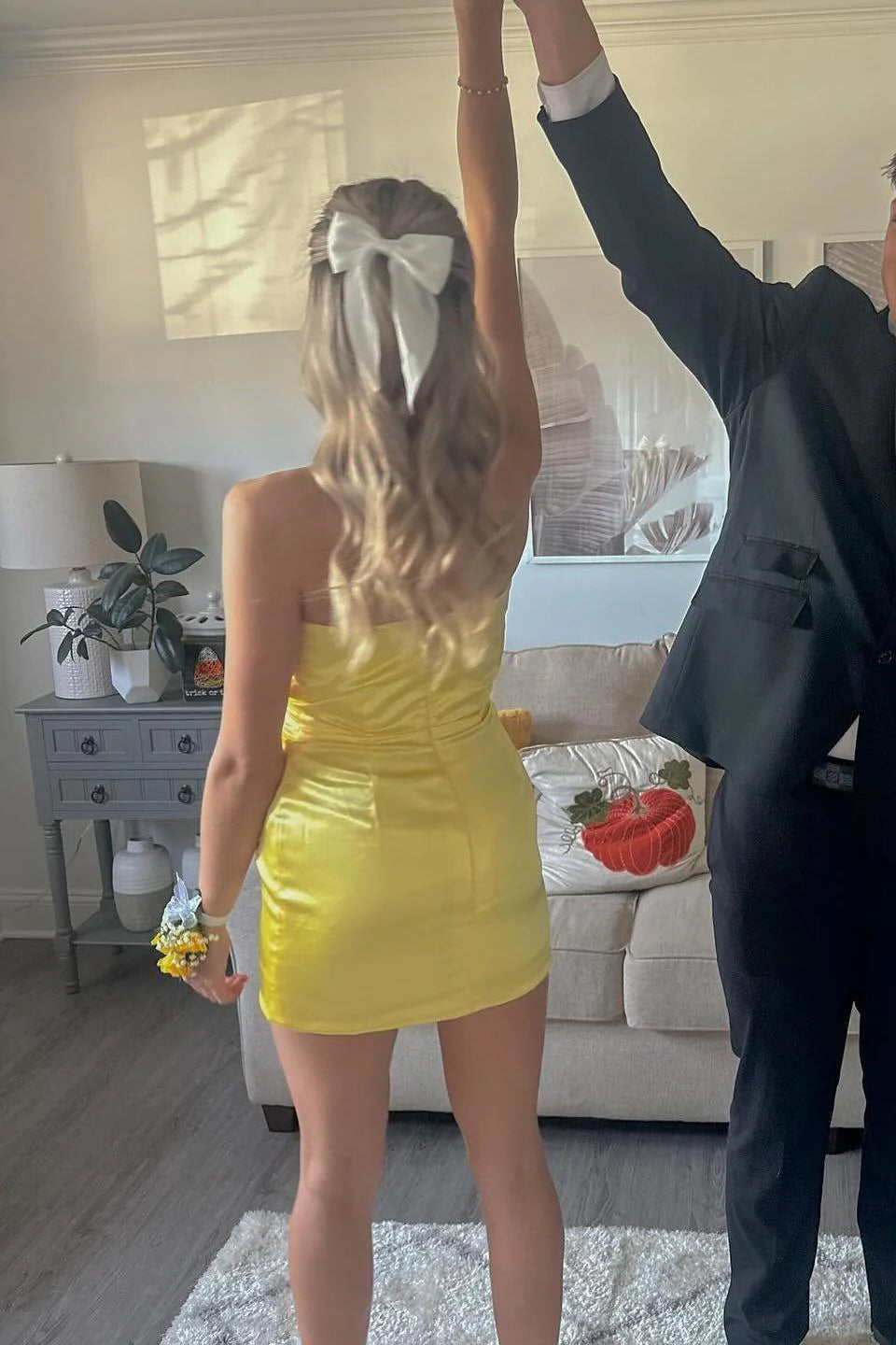 Strapless Yellow Tie Front A-line Short Dress