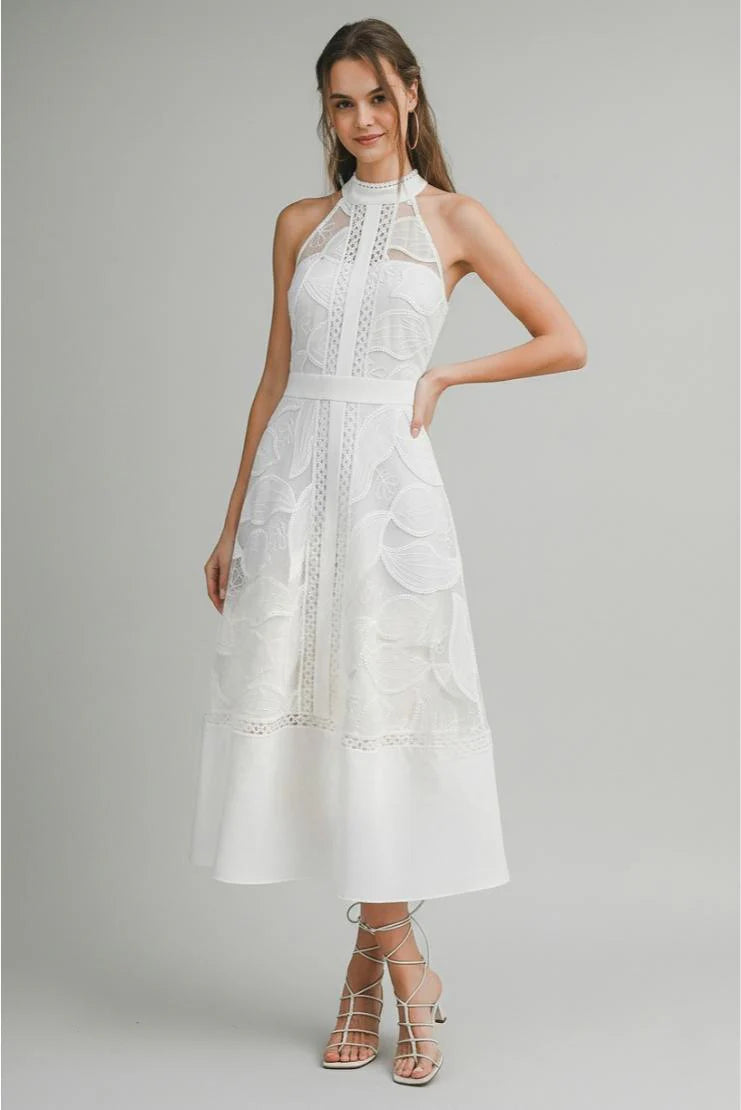 Celine Halter Neck Lace Midi Dress - White