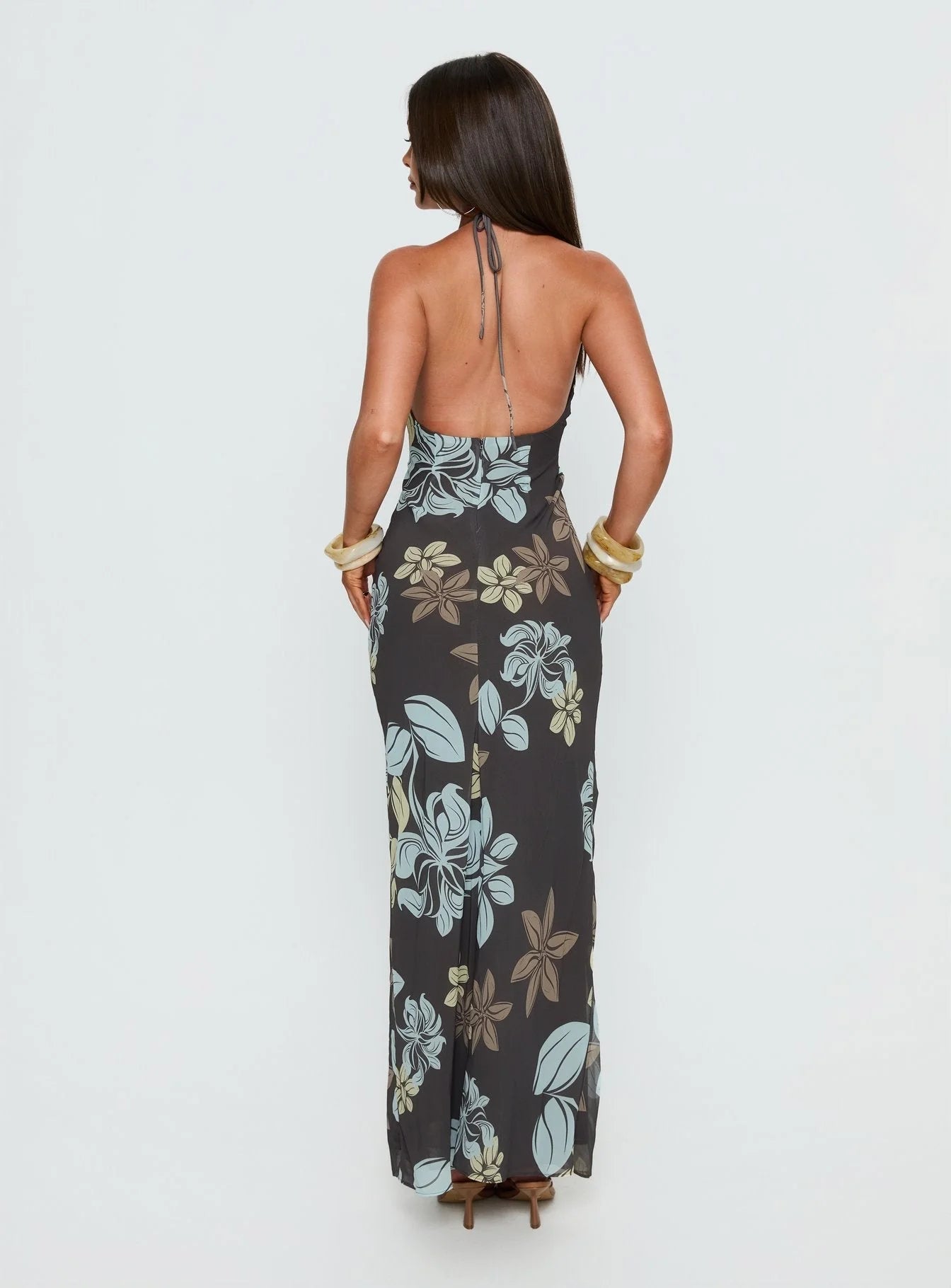Esmira Halter Maxi Dress Chocolate / Blue Floral
