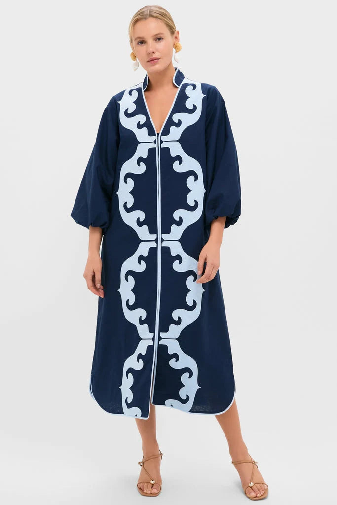 Navy & Baby Blue Embroidered Teresa Caftan